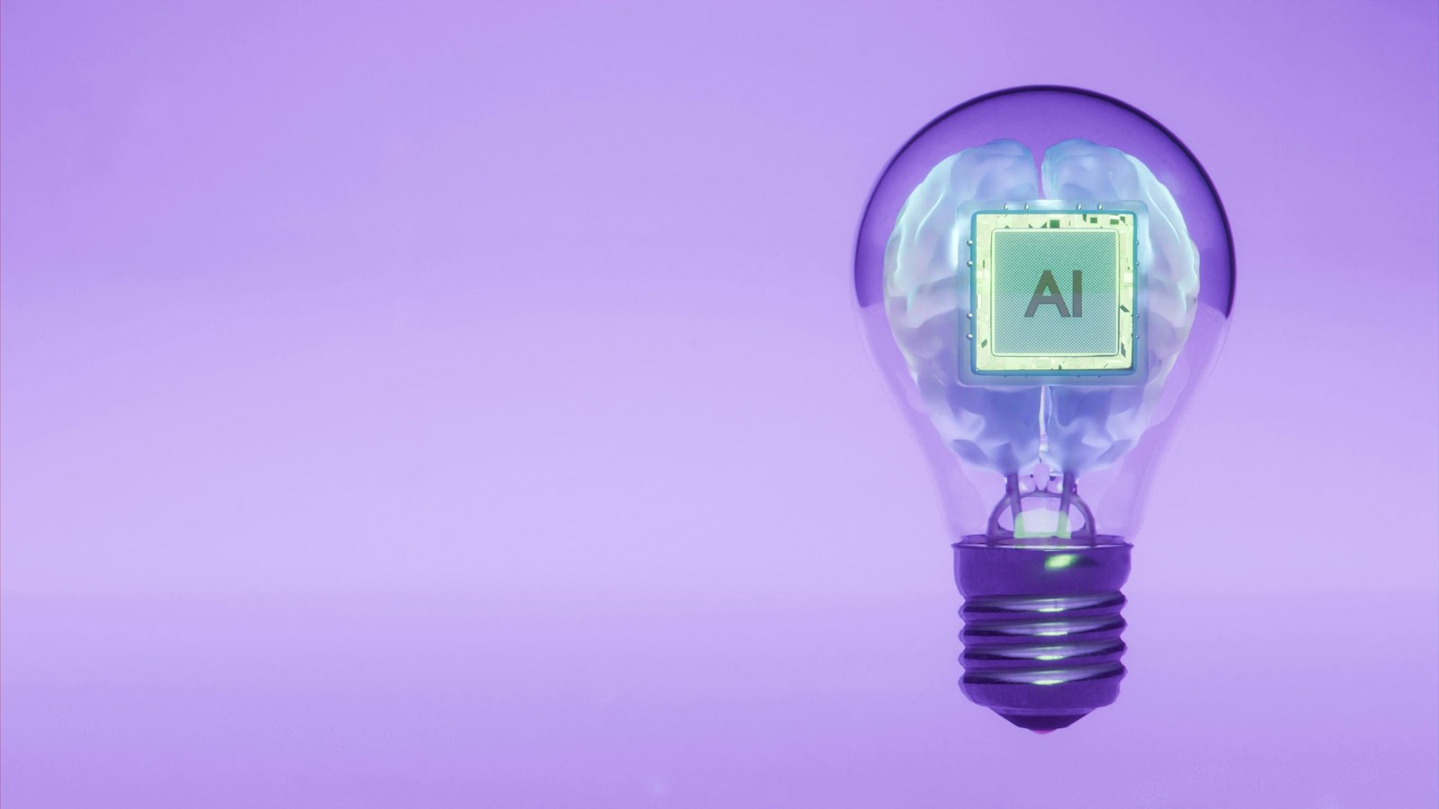 Glödlampa med AI-chip mot lila bakgrund