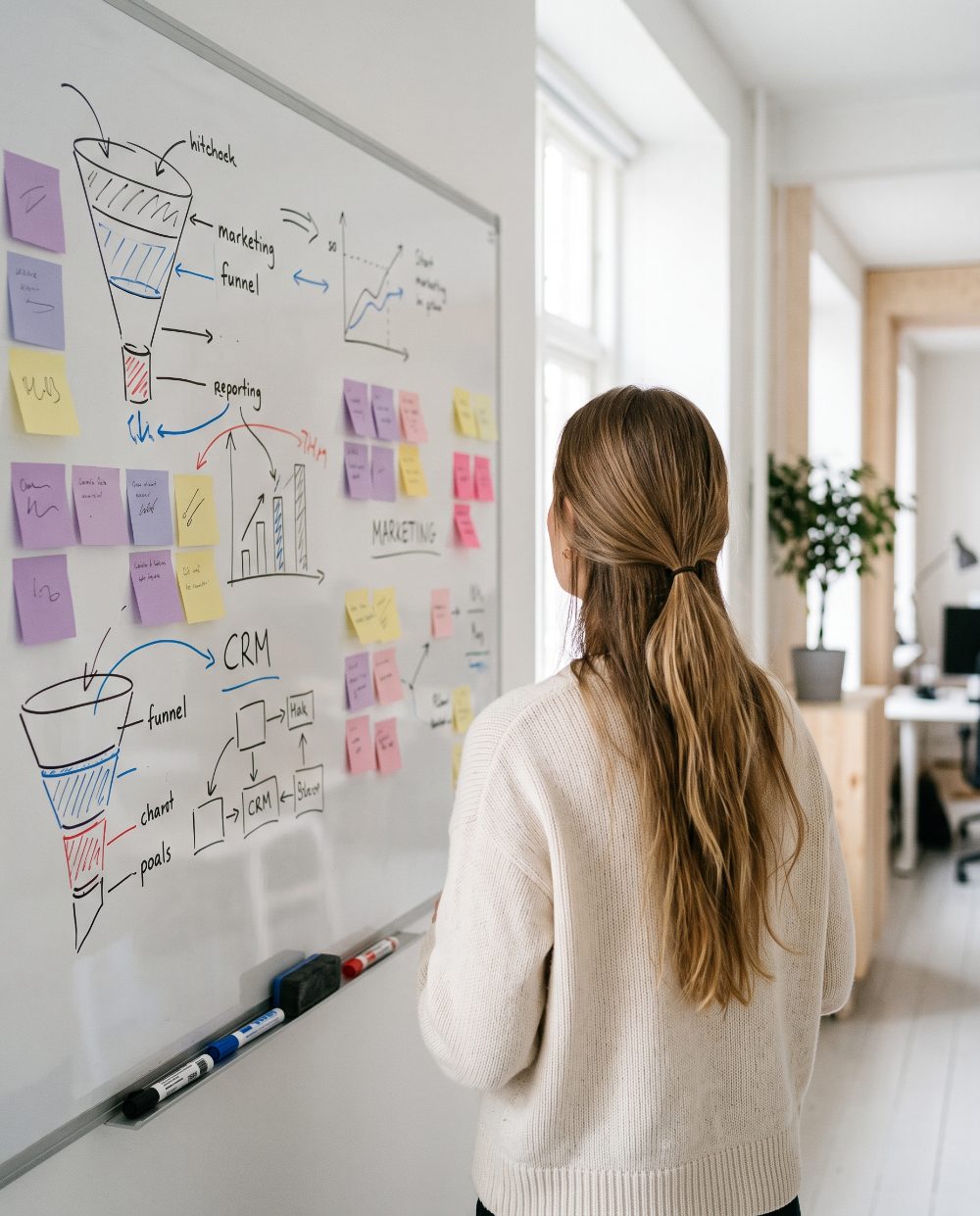 HubSpot-konsult planerar marknadsfunnel och CRM-flöde på whiteboard