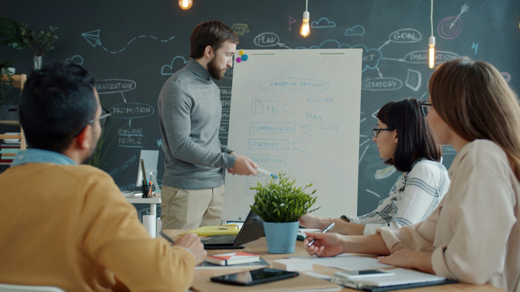 Team planerar en gemensam B2B-strategi vid en whiteboard