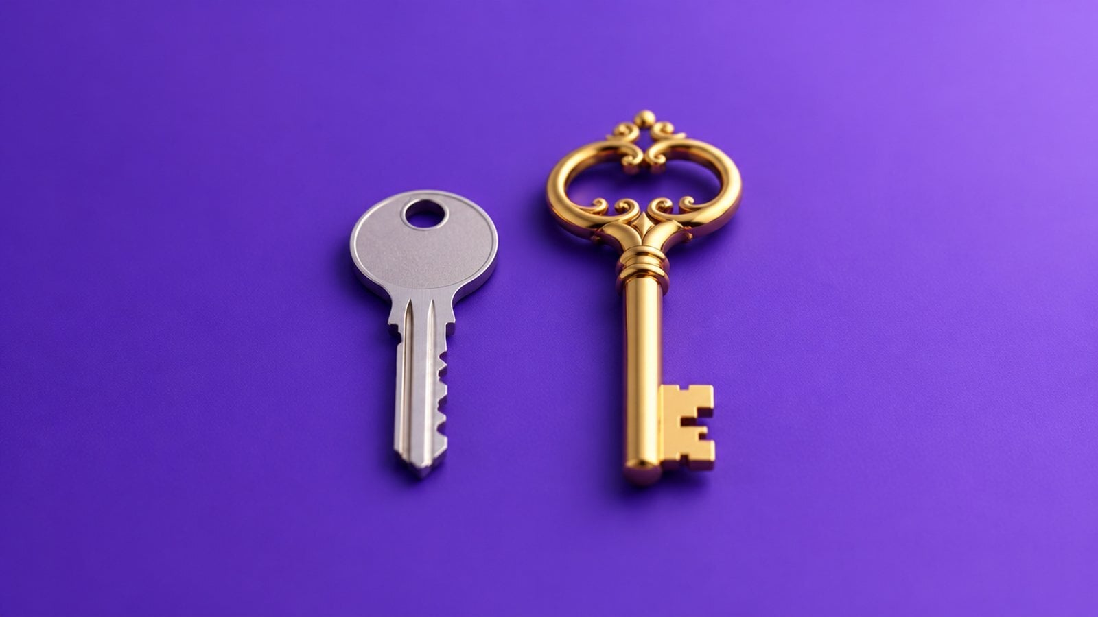 A silver key and a gold key on a purple background